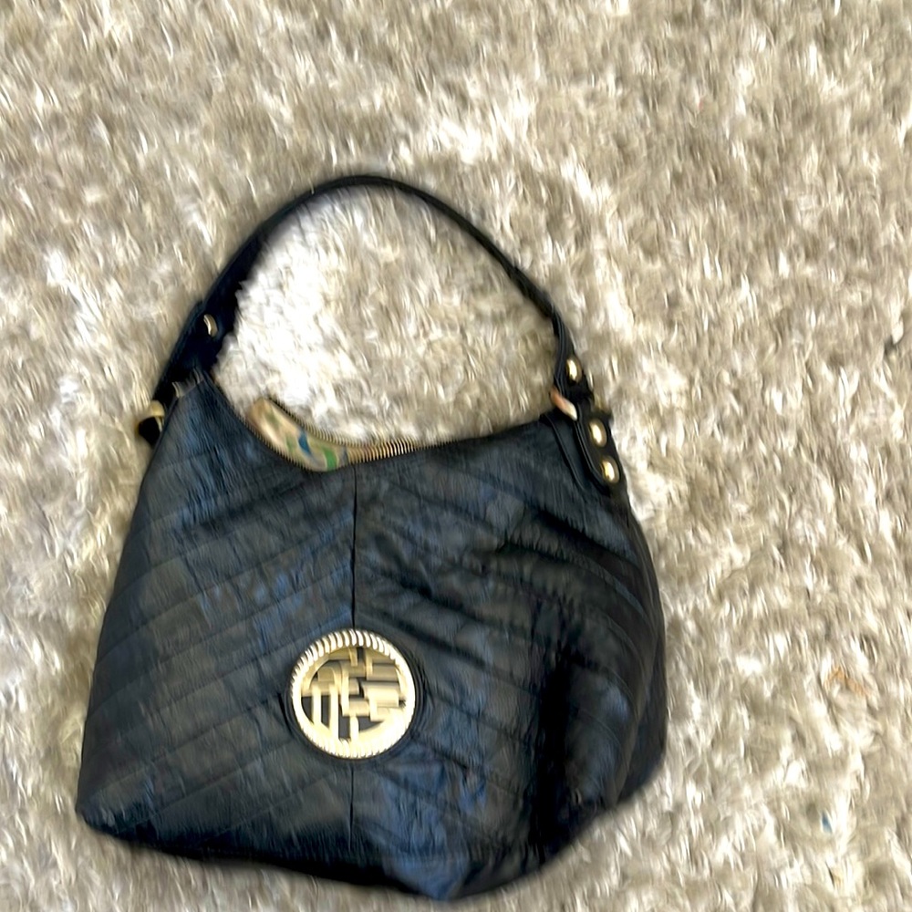 Guess, all black with gold emblem, vintage hobo, purse I all black leather